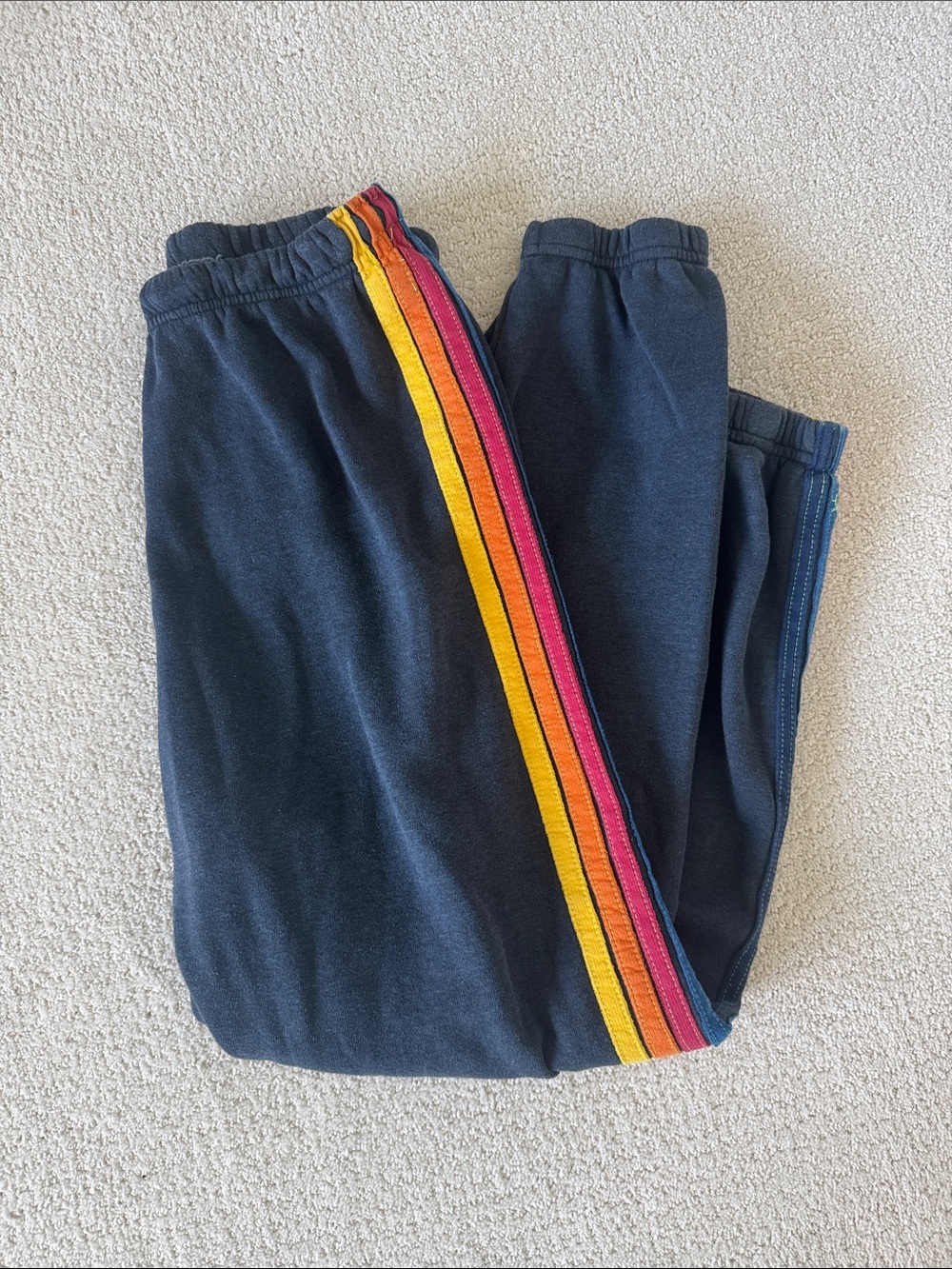 Aviator Nation Navy Track Joggers with Yellow Pink Orange Side Stripes